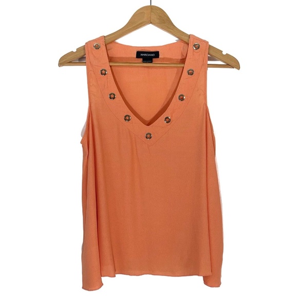 Marciano Women’s Size Small Orange Gold Grommet Detail Deep V Neck Tank Top - Picture 1 of 5